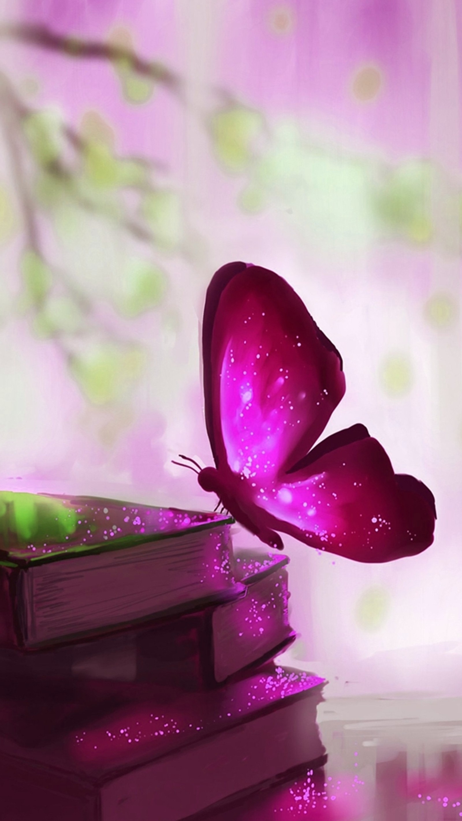 Purple butterfly flying over a stack of books with a pink background (animal, books, butterfly, color, colorful)