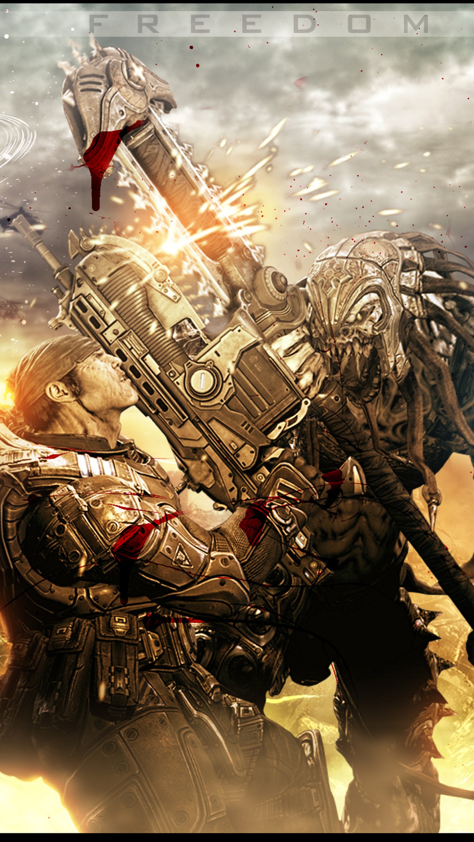 Gearstorms are attacking a giant robot in a sci - fi movie (gears of war, gow freedom)