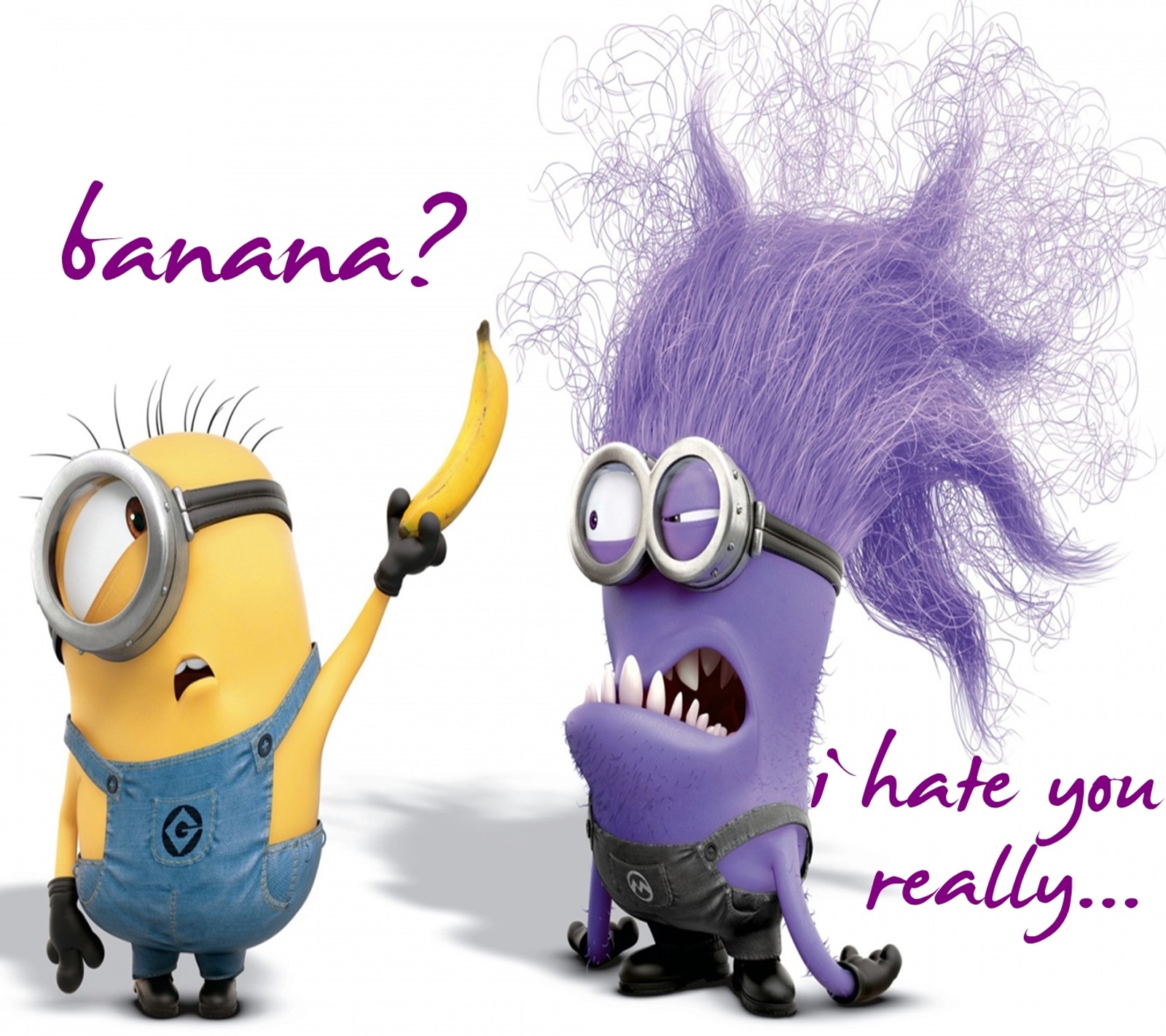 Minion violet et jaune avec des cheveux violets et une banane (je te déteste, minion)