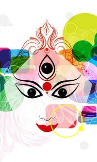 Colorful abstract depiction of a goddess, featuring striking eyes and intricate designs, set against a vibrant background of geometric shapes.