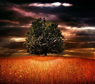 Un árbol solitario se erige majestuoso en un campo dorado bajo un cielo dramático, capturando la esencia de la belleza de la naturaleza.