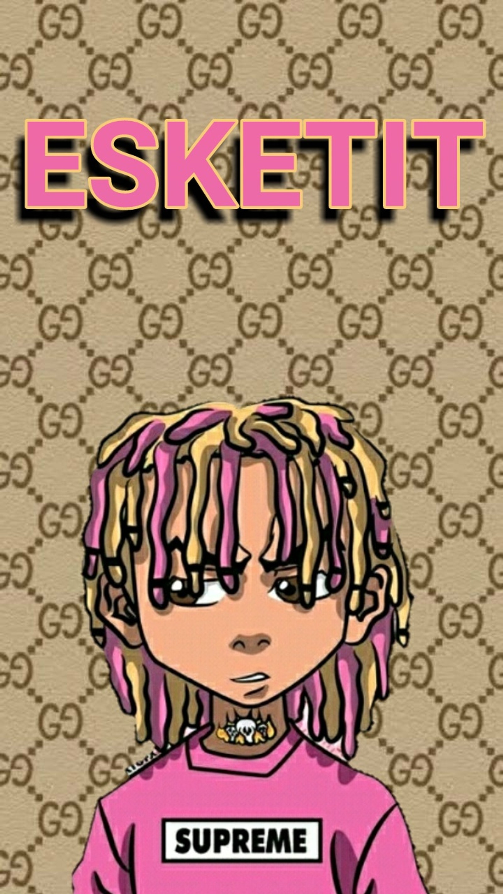 Uma garota de desenho animado com cabelo rosa e uma camiseta rosa com uma etiqueta de nome (amigo, amigos, bom, gucci gang, lil pump)