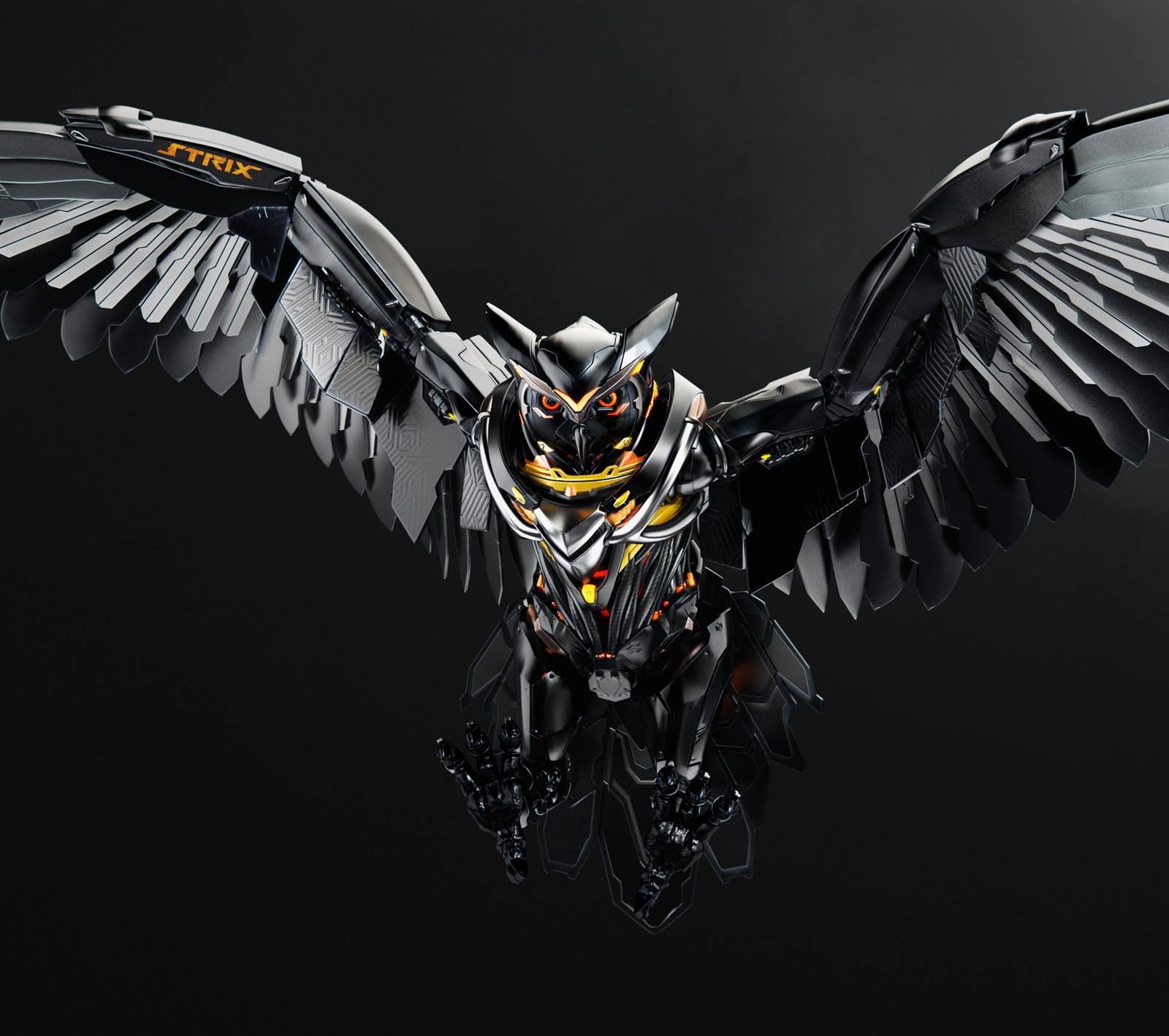 Arafed black and white bird with wings spread out (metal, owl, robot, steel, technology)