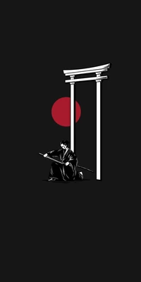 Samouraï minimaliste sous un soleil rouge et porte Torii