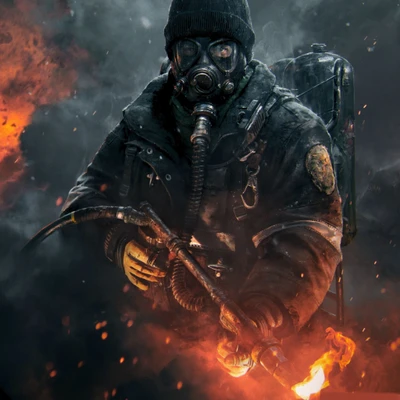 Masked Warrior in Fiery Landscape: Tom Clancy's Division