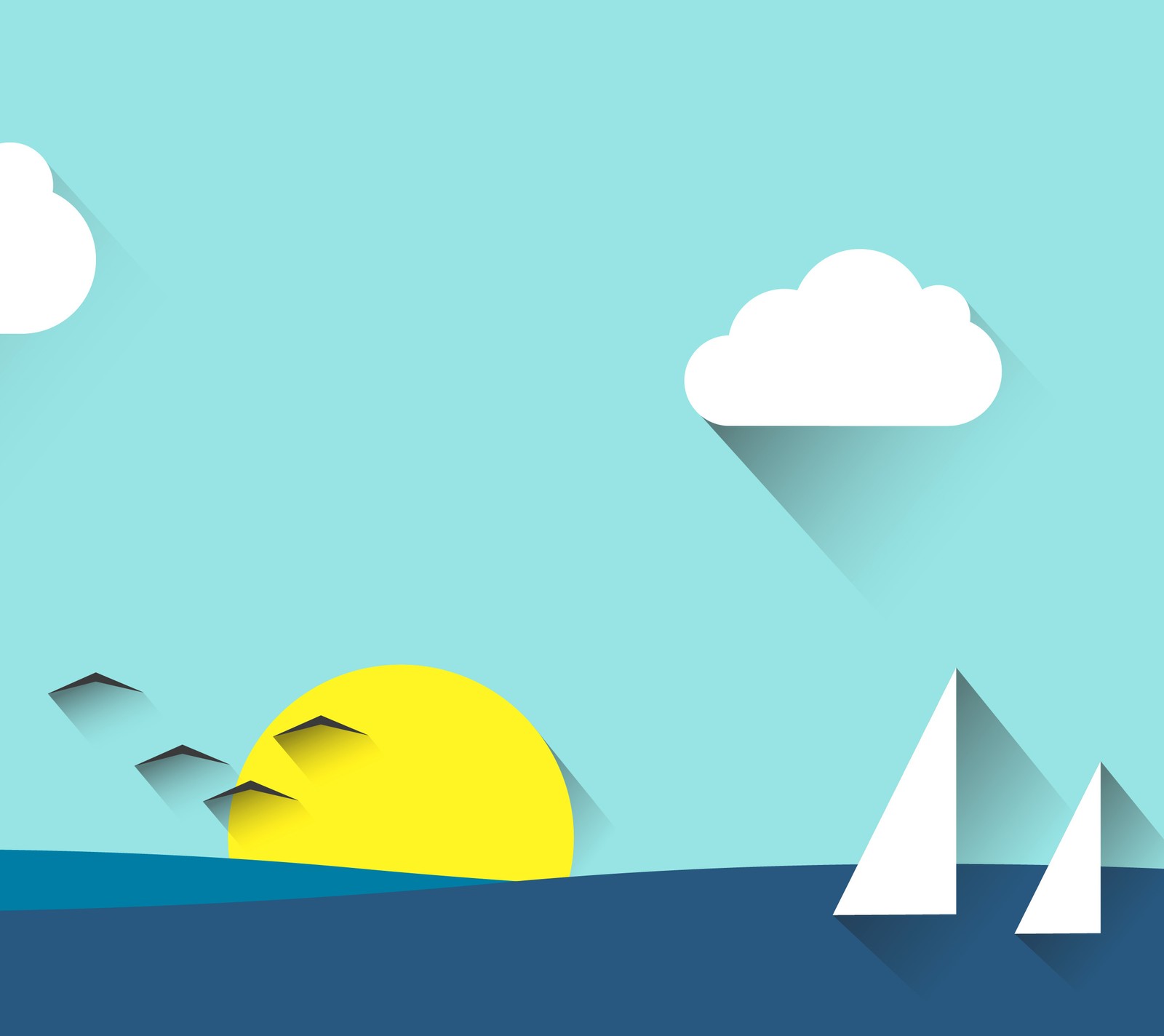 A picture illustration of a sailboat sailing in the ocean with a sun in the background (minimal, seascape)