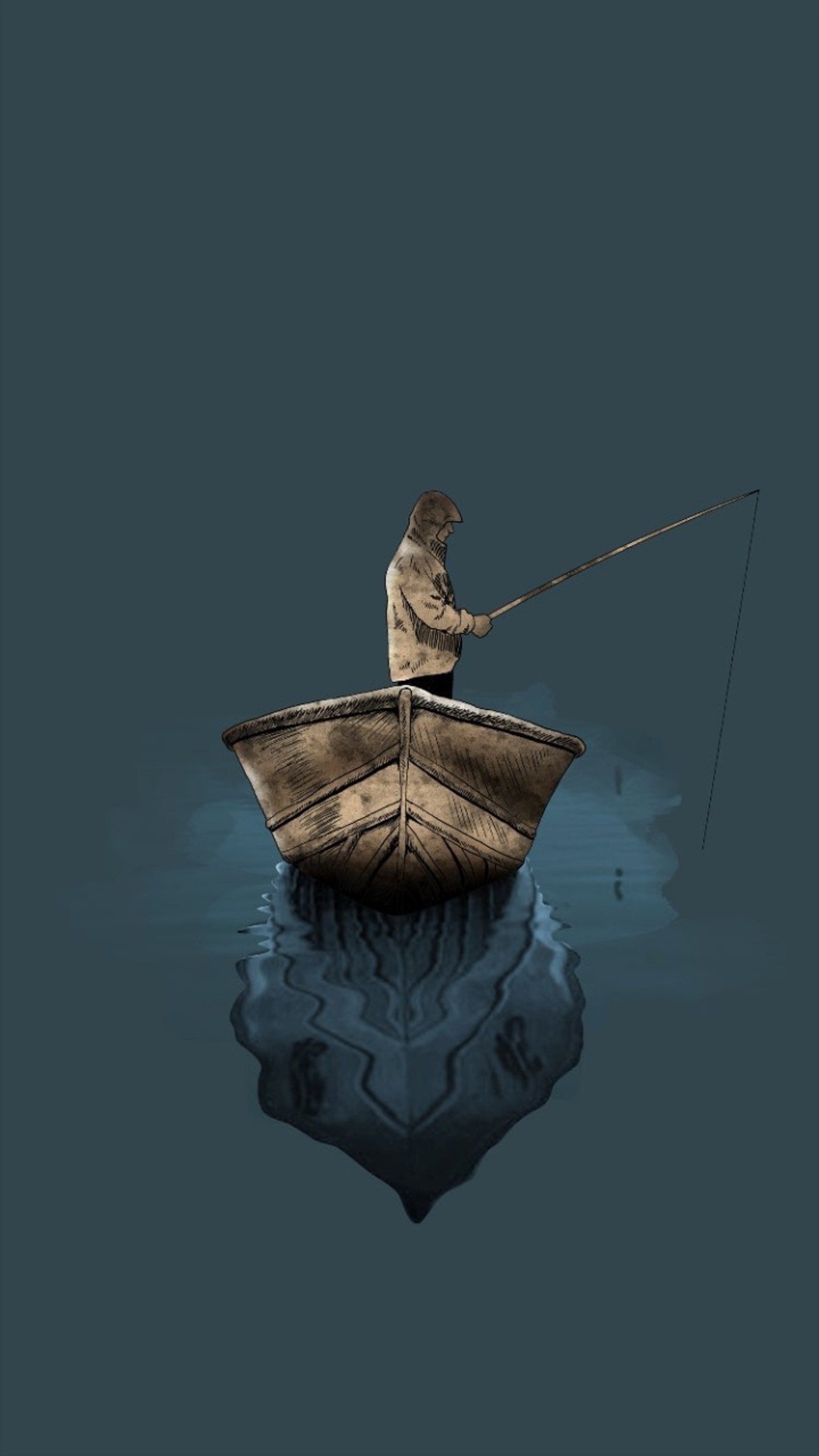 There is a man fishing in a boat on the water (edit, tut, tutmak, go, love)