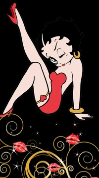 Betty Boop con un vestido rojo, adoptando una pose juguetona contra un fondo negro con acentos dorados en espiral y labios rojos.