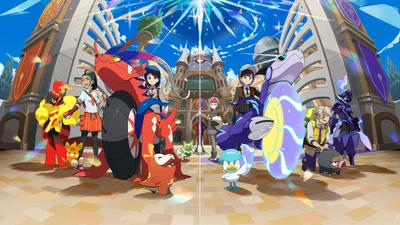 Batalha épica de Pokémon: Koraidon e Miraidon com treinadores e companheiros