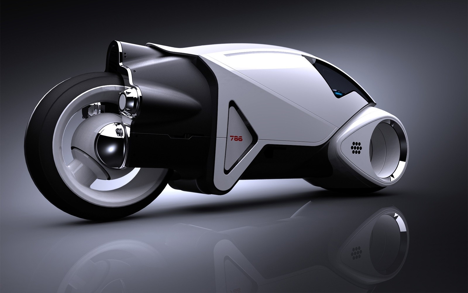 A close up of a motorcycle with a black and white background (tron legacy, light cycle, concept car, motor vehicle, tron evolution)