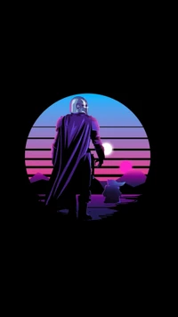 Mandalorian silhouette against a vibrant sunset, featuring Grogu amidst stylized landscapes in shades of purple and magenta.