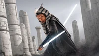 Ahsoka Tano au combat : deux sabres laser prêts dans un temple en ruine