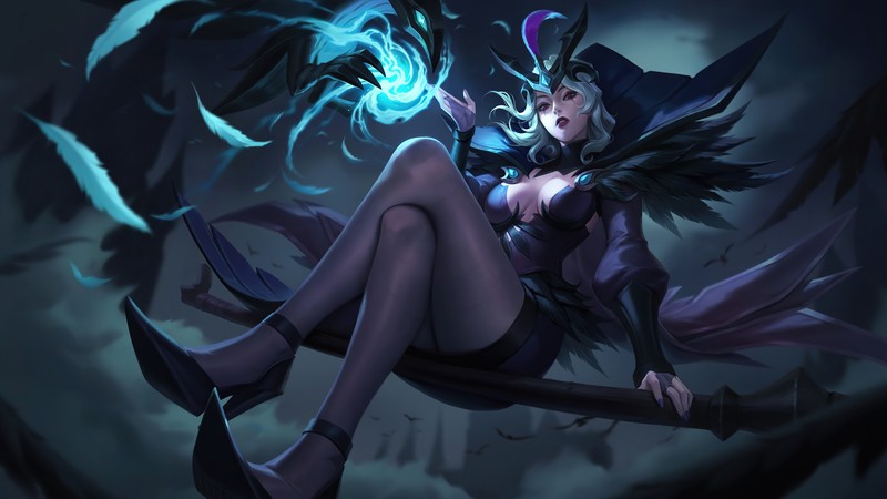 Женщина в костюме ведьмы сидит на ветке с голубым светом (леблан, leblanc, league of legends, lol, видеоигра)