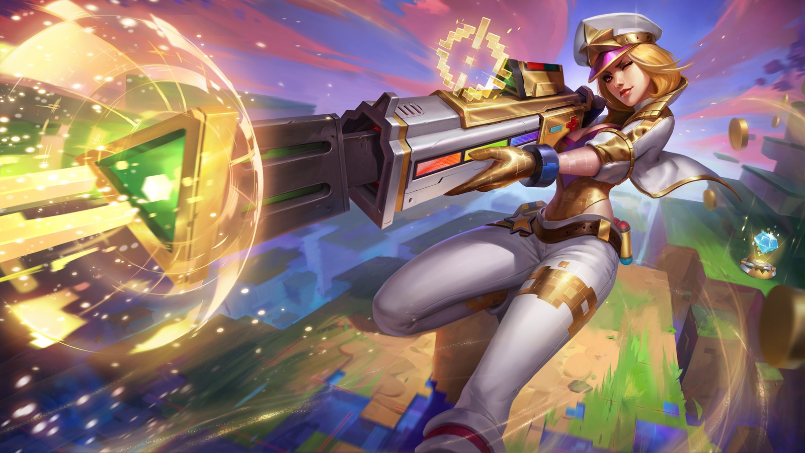 Une femme en tenue blanche tenant une arme sur un fond jaune et bleu (caitlyn, art visuel, lol, league of legends, jeu vidéo)