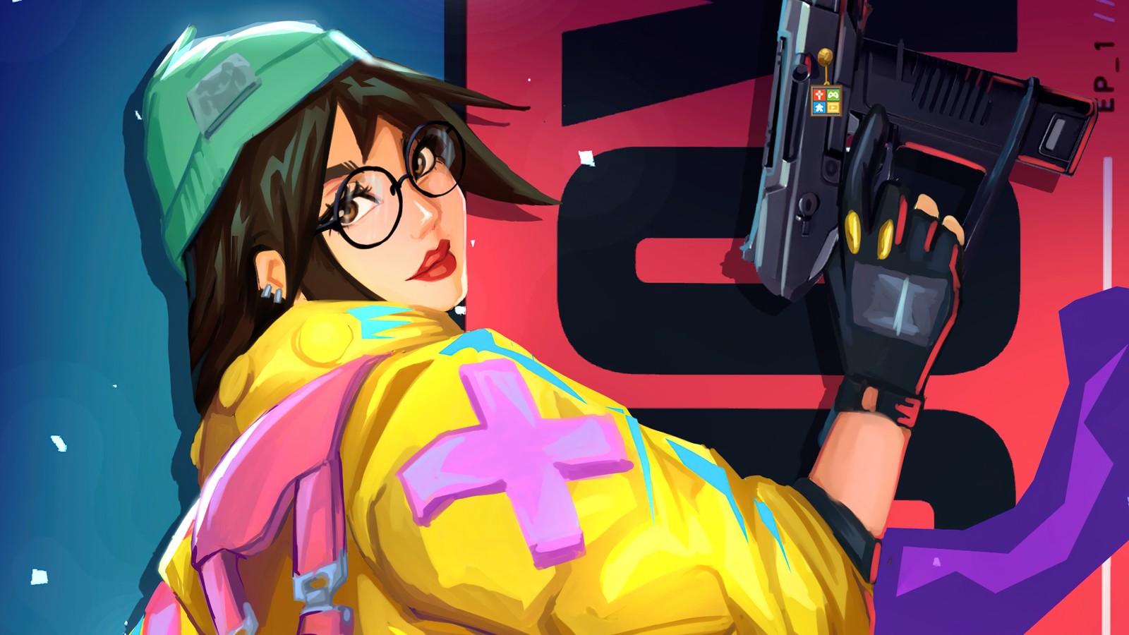 Una mujer con chaqueta amarilla sosteniendo una pistola y usando gafas (killjoy, valorant, videojuego)