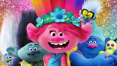 Charaktere der Trolls-Welt: Poppy, Tiny Diamond, Branch, Guy Diamond und Biggie.