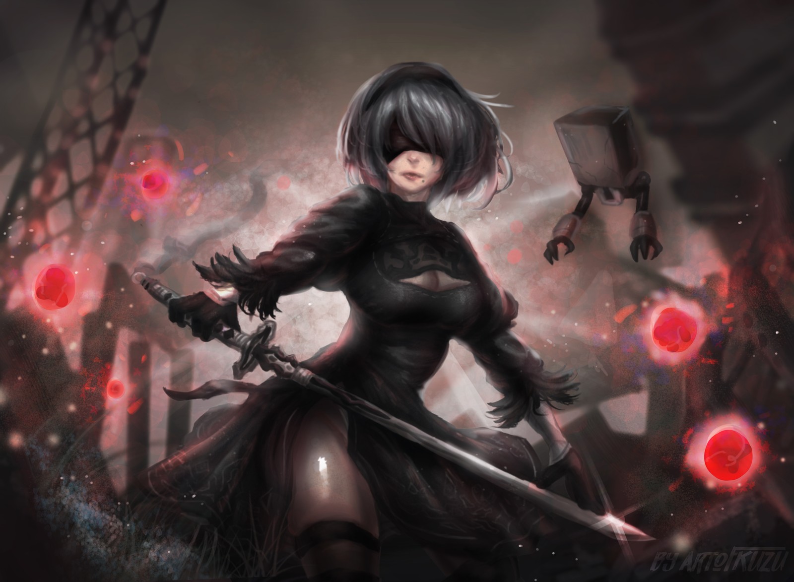 Une femme en robe noire tenant une épée dans une forêt sombre (nier automata, illustration, anime, obscurité, art)