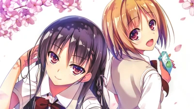 Suzune Horikita and Kikyo Kushida from "Classroom of the Elite" amidst cherry blossoms, showcasing their distinct personalities and friendship.