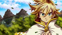 Meliodas de "Nanatsu no Taizai" em uma pose dinâmica contra um fundo cênico.