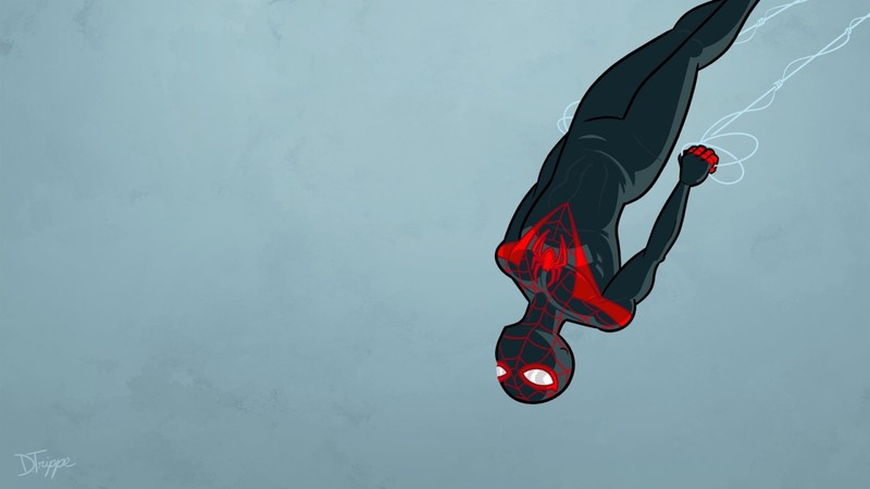 Человек-паук в черном костюме летит по воздуху (майлз моралес, miles morales, spider man, ультимативный человек паук, ultimate spider man)