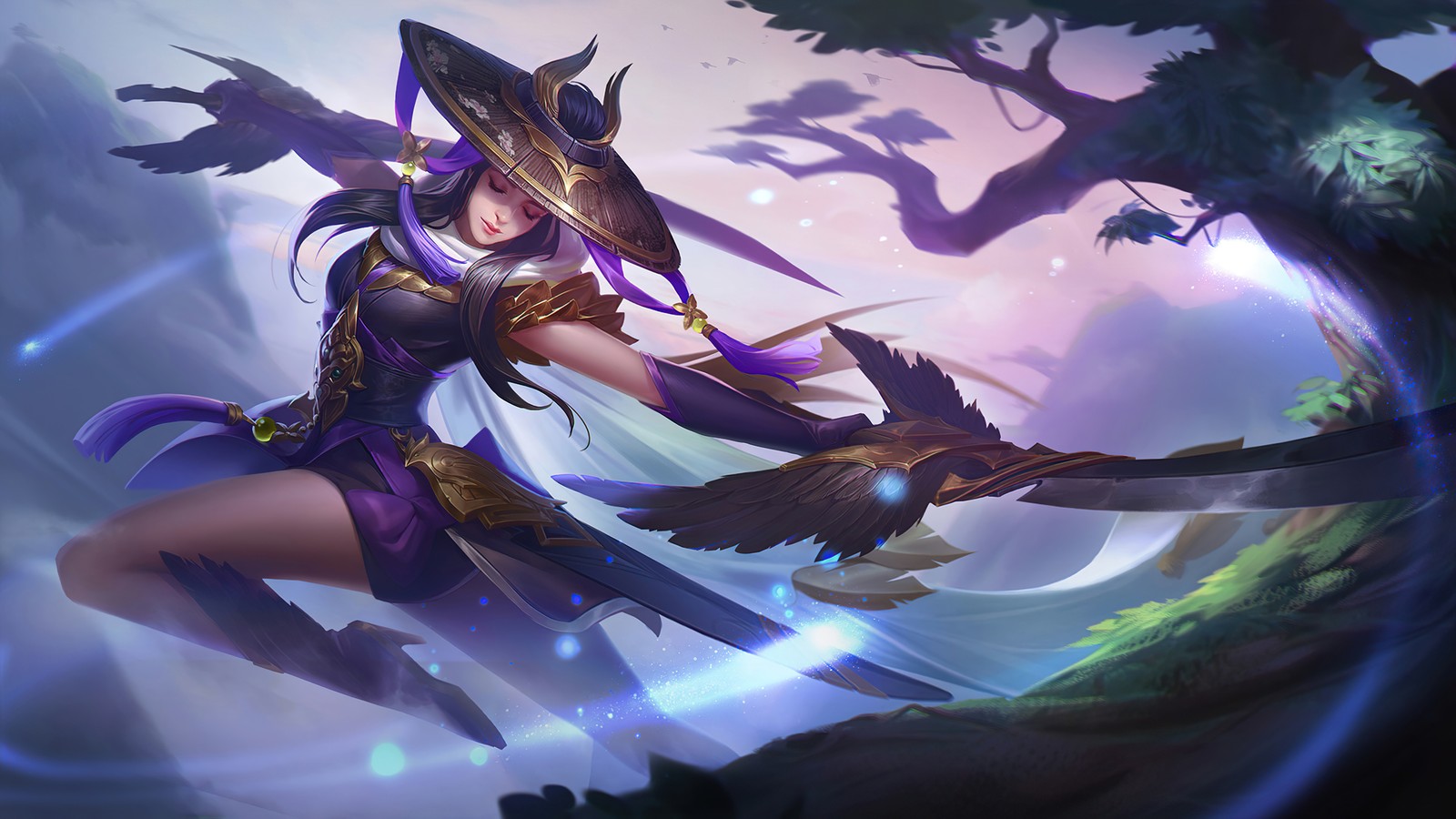 Une femme en tenue violette tient un arc et un oiseau (fanny, skylark, peau, mobile legends, bang bang)