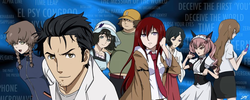 Группа персонажей аниме стоит перед синим фоном (steinsgate, широкоформатный, лука урушибара, luka urushibara, итару хасида)