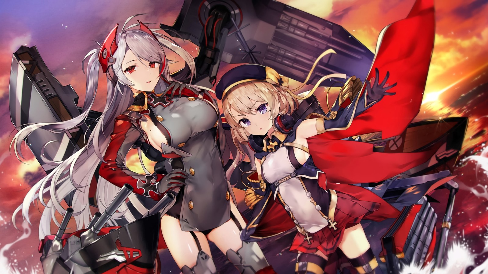 Un couple de filles anime se tenant côte à côte (filles danime, azur lane, jeu vidéo, prince eugen, anime)