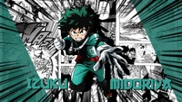 Izuku Midoriya in dynamic action pose with comic-style background elements from My Hero Academia.