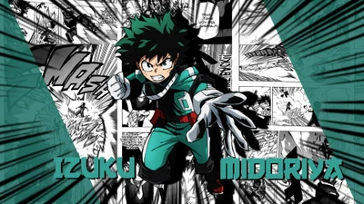 Izuku Midoriya en una pose de acción dinámica con elementos de fondo de estilo cómic de My Hero Academia.