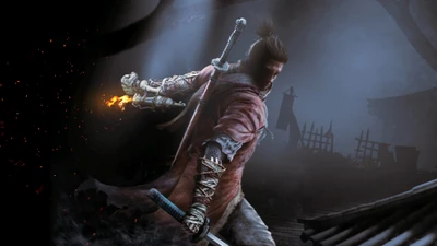 Динамичный воин в Sekiro: Shadows Die Twice с катаной, готовый к бою