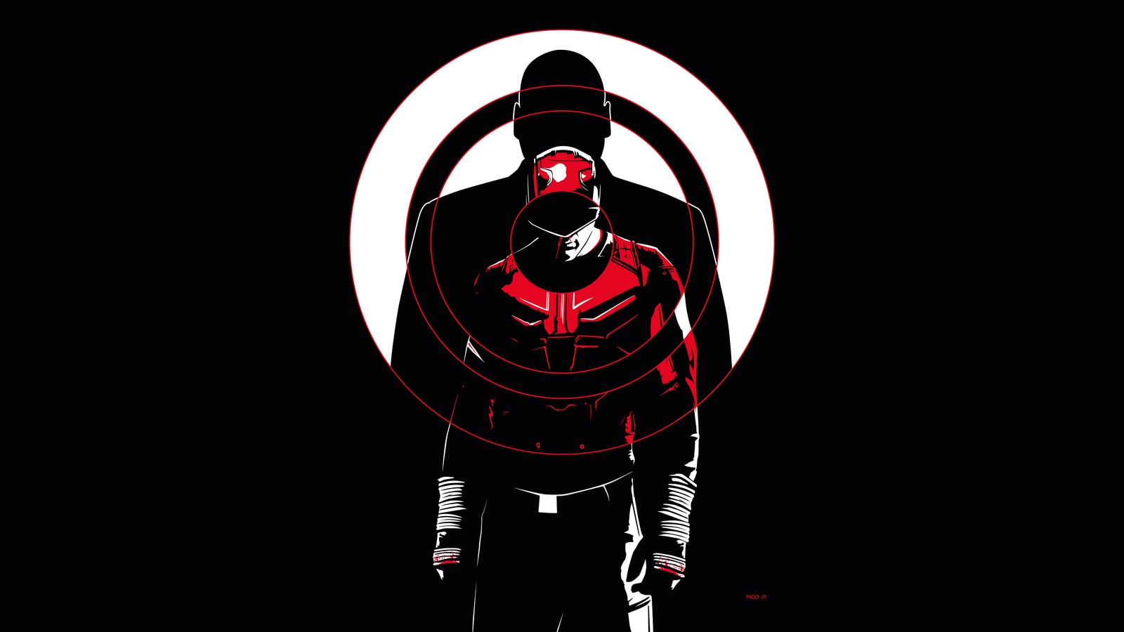 A man in a suit and hat standing in front of a circle (poster, marvel cinematic universe, graphic design, red, illustration)