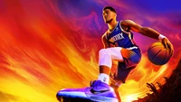 Devin Booker em ação dinâmica do NBA 2K23 contra um fundo vibrante de pôr do sol