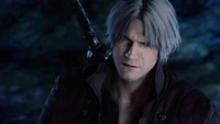 Dante de Devil May Cry 5, exibindo uma expressão contemplativa com uma espada ao fundo.