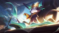 Yuumi, a gata mágica bibliotecária na arte de splash de League of Legends