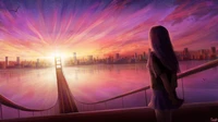 Dreamy Sunrise: A Girl Gazing at a Cityscape Bridge