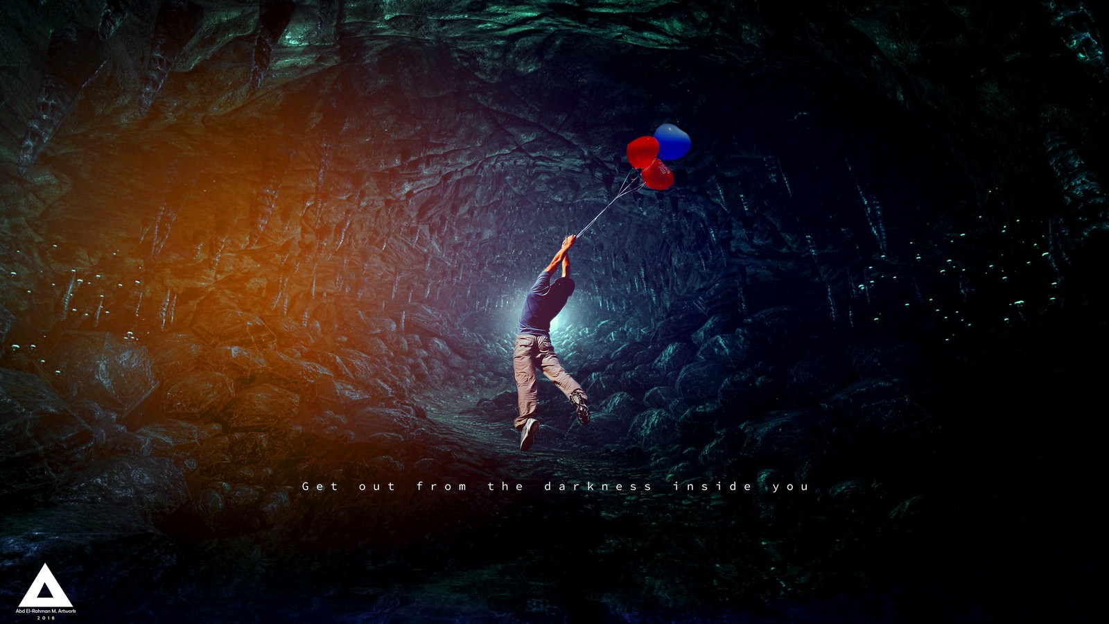 Un homme tenant un ballon rouge et bleu dans une grotte (get out from the darkness inside you, citations populaires, citations inspirantes, citations, fond décran 4k)