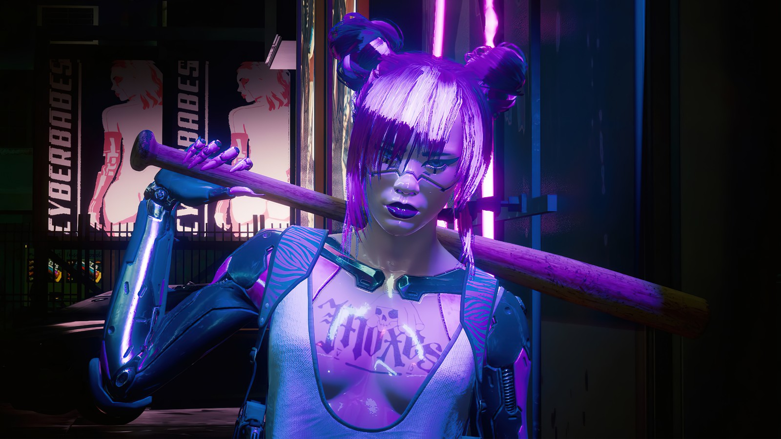 Girafe en tenue violette tenant une batte de baseball dans une pièce sombre (moxes, cyberpunk 2077, jeu vidéo, filles)