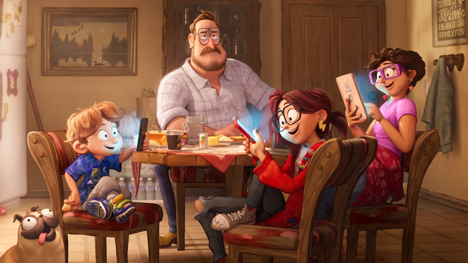 A group of cartoon characters sitting around a table with a dog (connected, 2020, movie, animation, characters)