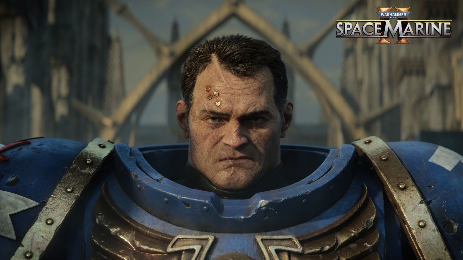 Um primeiro plano de um homem em um uniforme de fuzileiro naval espacial (warhammer 40000, space marine 2, jogo de vídeo, personagem)