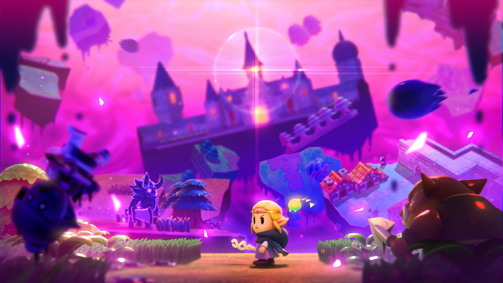 A screenshot of a video game with a purple background (the legend of zelda echoes of wisdom, princess zelda, 2024 games, nintendo switch, games)