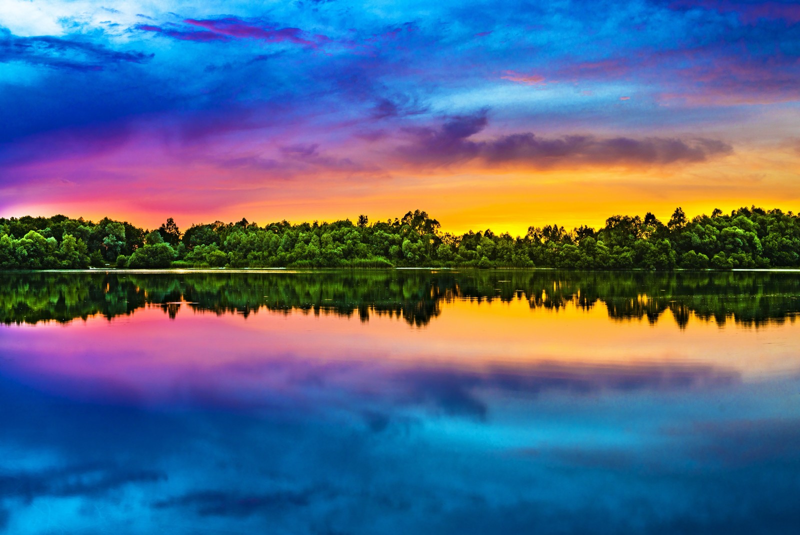 Скачать обои вечернее небо, многоцветный, цветной, lake reflection, закат