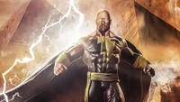 Dwayne Johnson as Black Adam, exuding power amidst a stormy backdrop with pyramids.