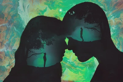 Silhouette d'amants embrassés par le rêve de la nature