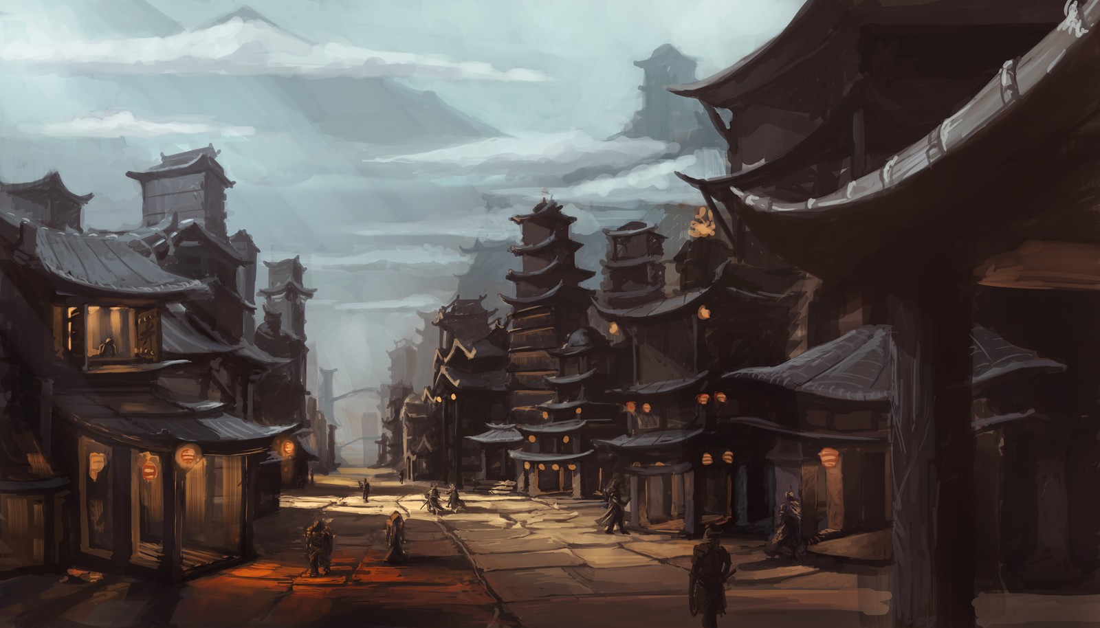 A painting of a street with a lot of buildings and people walking (fantastic art, art, digital art, fantasy, painting)