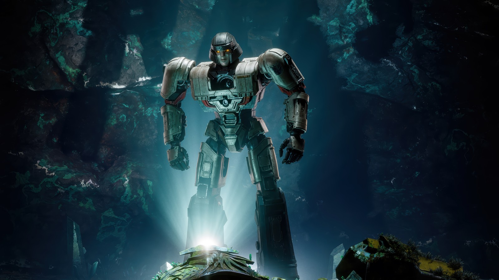 A man standing on top of a rock next to a giant robot (megatron, transformers one, movie, transformers, poster)