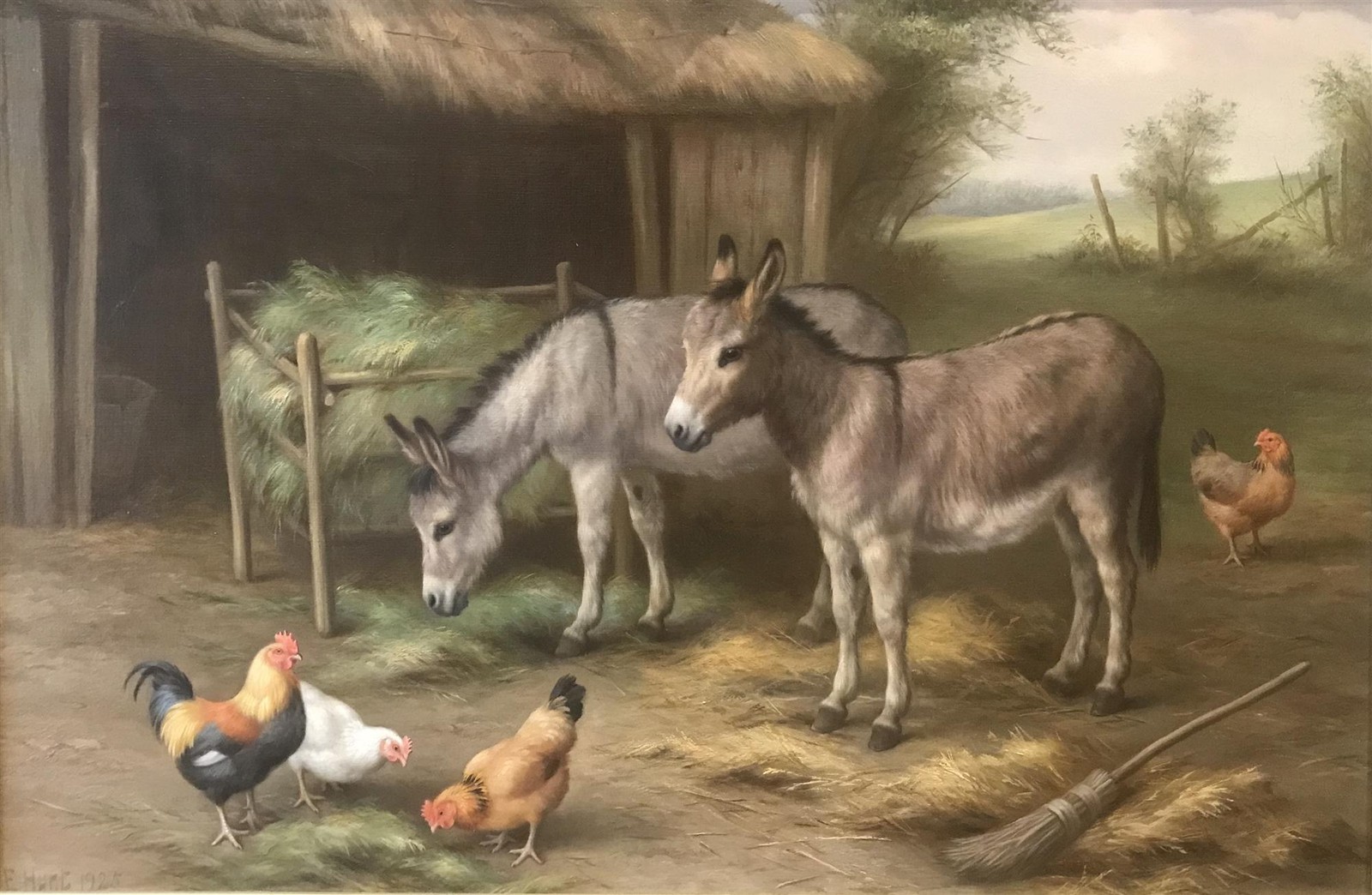 Pintura de um burro e galinhas em um celeiro com uma galinha (fauna, pintura, gado, pintor, animal de carga)