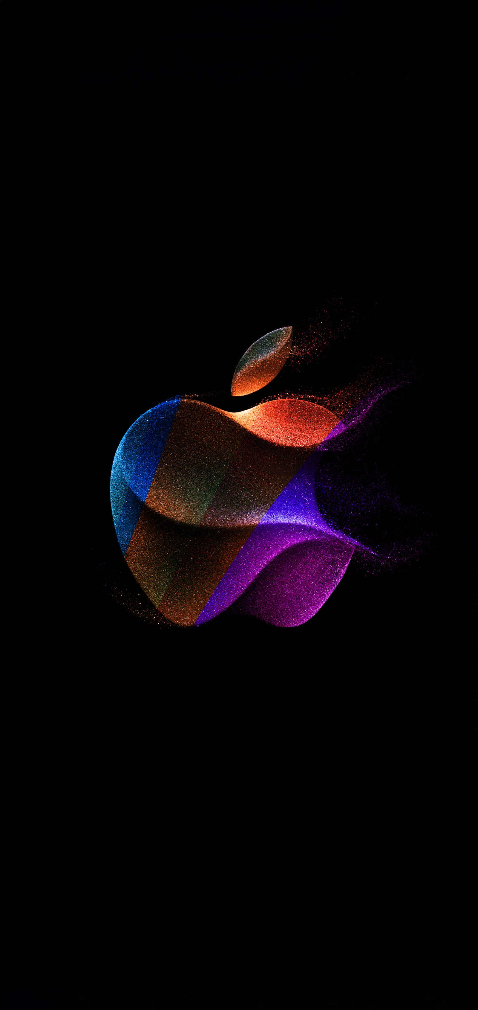 Un fond noir avec un logo apple coloré (pommes, gaz, bleu électrique, art, plante terrestre)