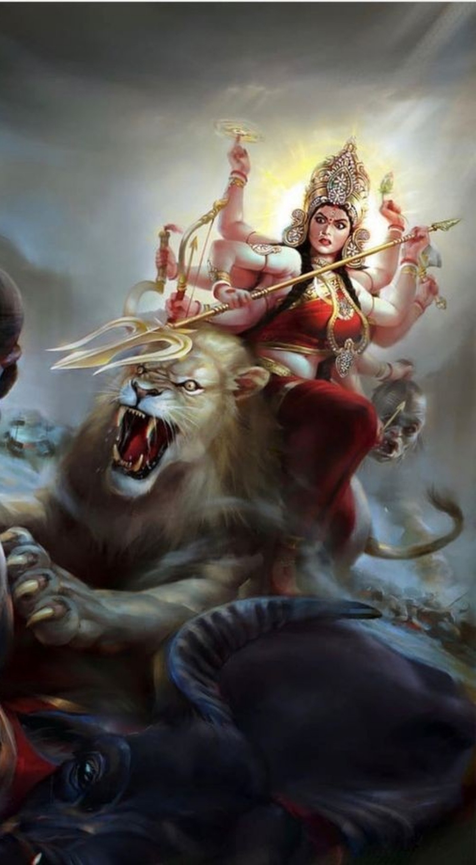 Una pintura de una mujer montando sobre un león (amma, durga, maa)