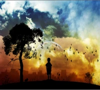 Niño solo bajo un árbol observando aves en un paisaje azotado por el viento