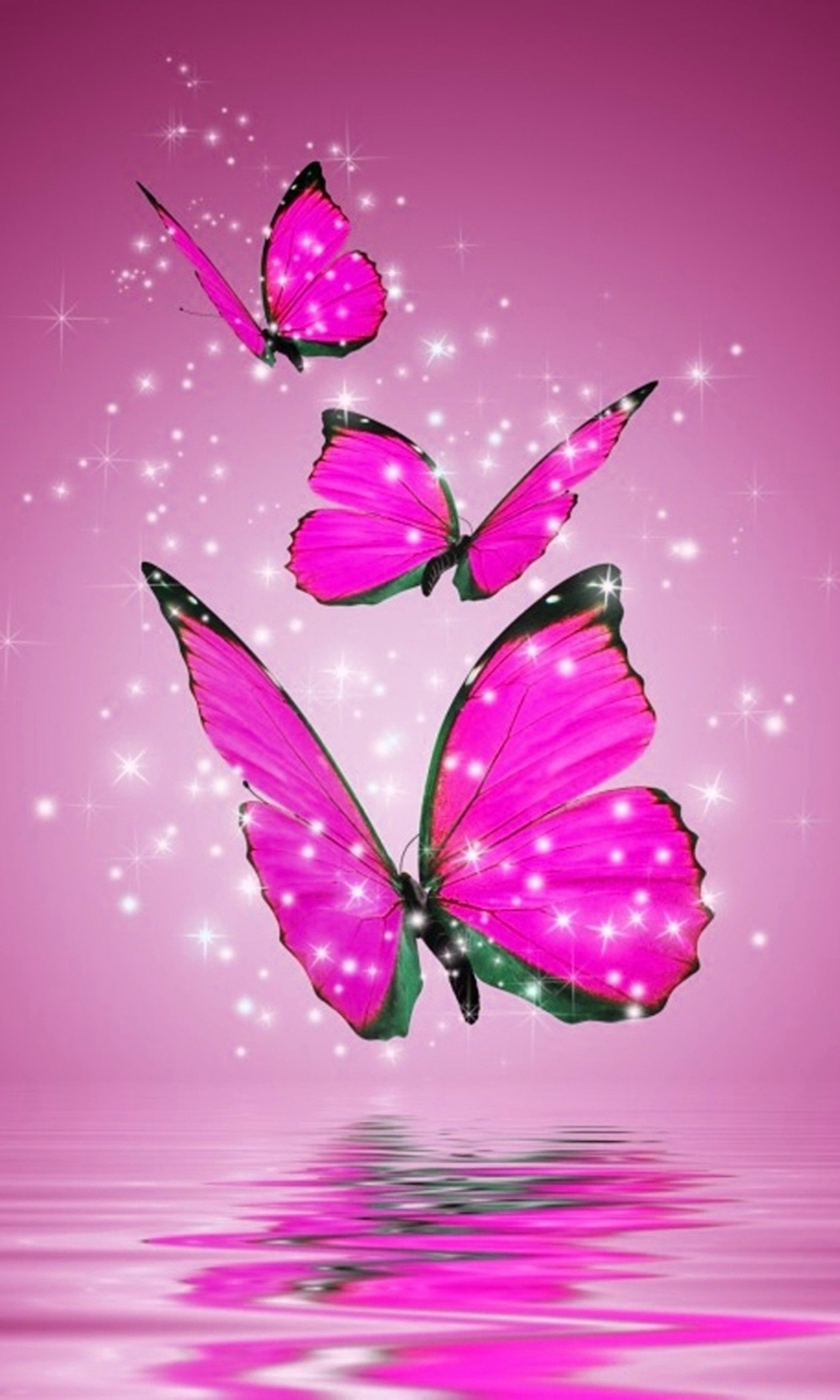 Mariposas rosas volando sobre agua con brillos y estrellas (animal, brillante, mariposas, genial, diseño)